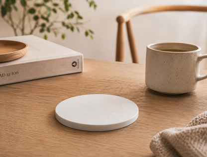 Ceramic coaster on a wooden table with a mug and book in the background
