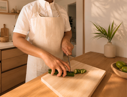 Person in a kitchen wearing beige apron cutting cucumbers on a wooden cutting board.