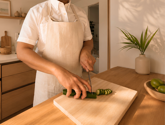Person in a kitchen wearing beige apron cutting cucumbers on a wooden cutting board.