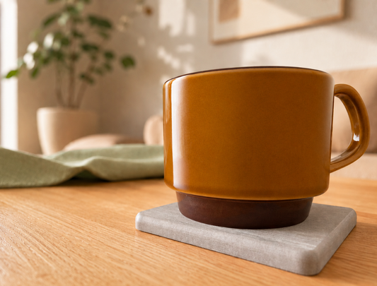 Brown ceramic mug on a gray coaster on a wooden table with a blurred indoor background