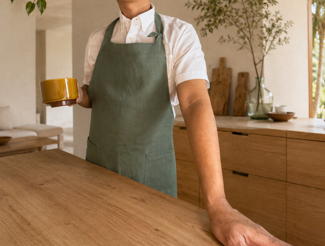 Person wearing a green apron holding a yellow mug in a kitchen.